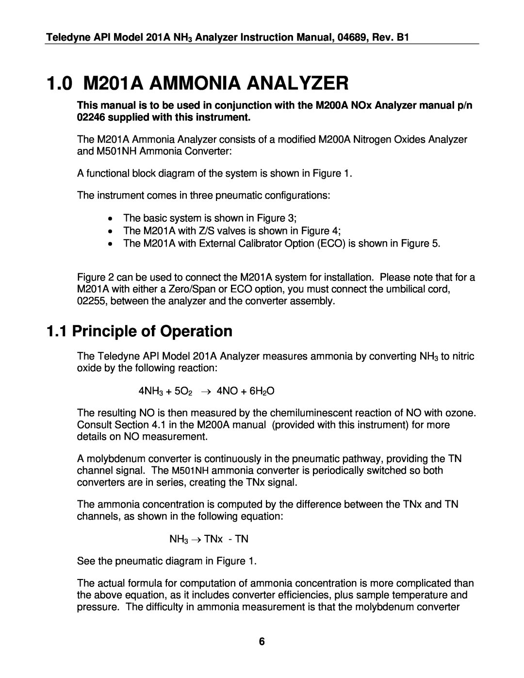 Teledyne manual 1.0 M201A AMMONIA ANALYZER, Principle of Operation 