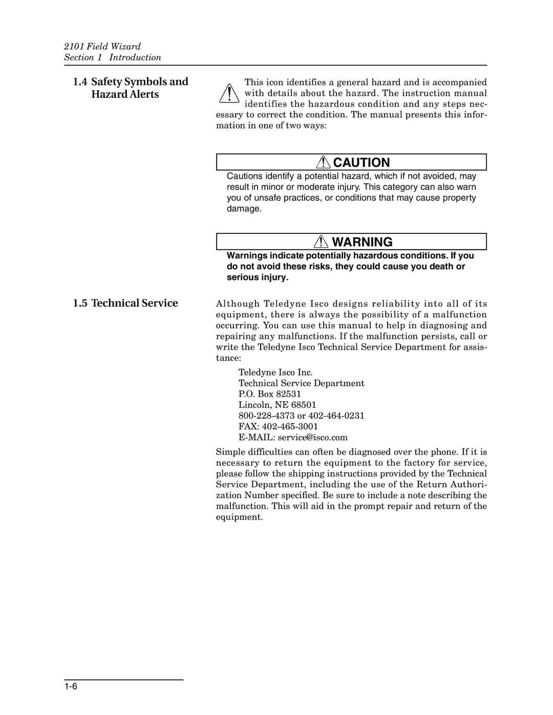 Teledyne 2101 installation and operation guide Safety Symbols and Hazard Alerts, Technical Service 