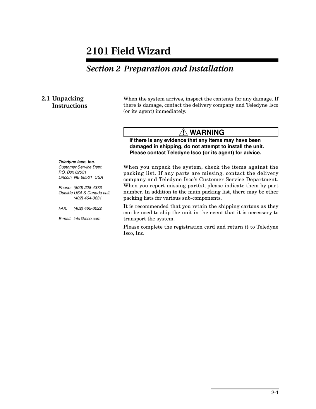 Teledyne 2101 installation and operation guide Preparation and Installation, Unpacking Instructions 