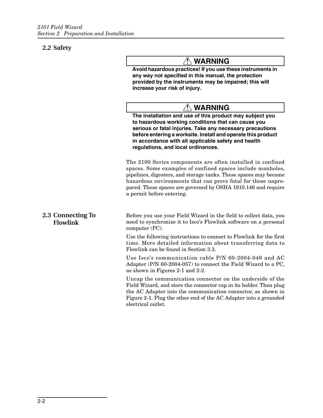 Teledyne 2101 installation and operation guide Safety Connecting To Flowlink 