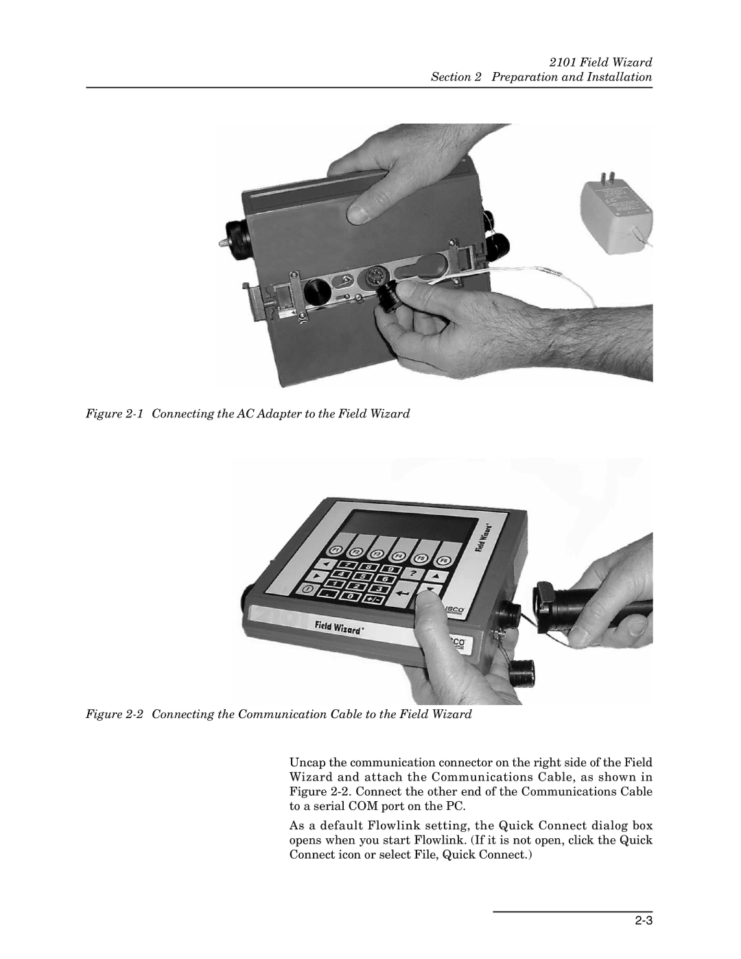 Teledyne 2101 installation and operation guide Connecting the AC Adapter to the Field Wizard 