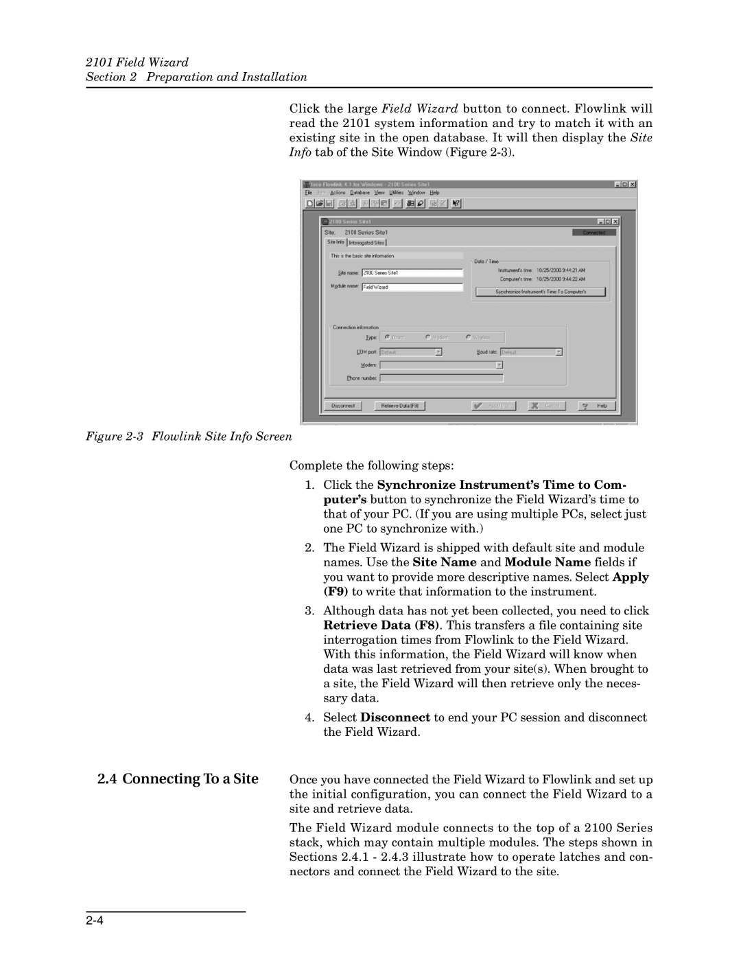 Teledyne 2101 installation and operation guide Connecting To a Site, Flowlink Site Info Screen 