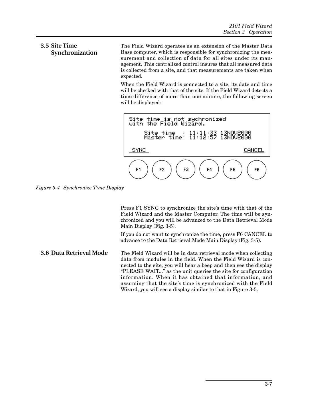 Teledyne 2101 installation and operation guide Site Time Synchronization, Data Retrieval Mode 