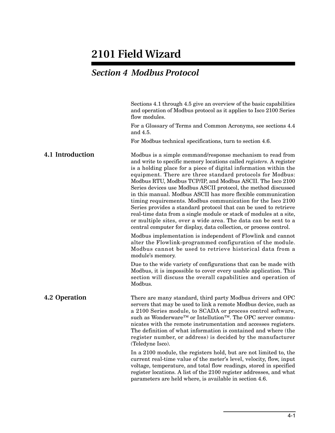 Teledyne 2101 installation and operation guide Modbus Protocol, Introduction 