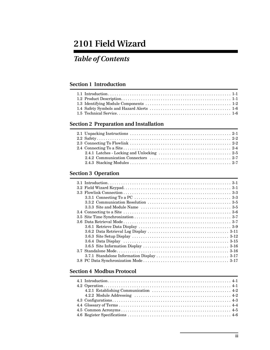 Teledyne 2101 installation and operation guide Field Wizard, Table of Contents 