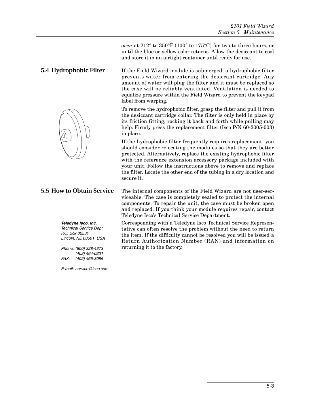 Teledyne 2101 installation and operation guide Hydrophobic Filter How to Obtain Service 