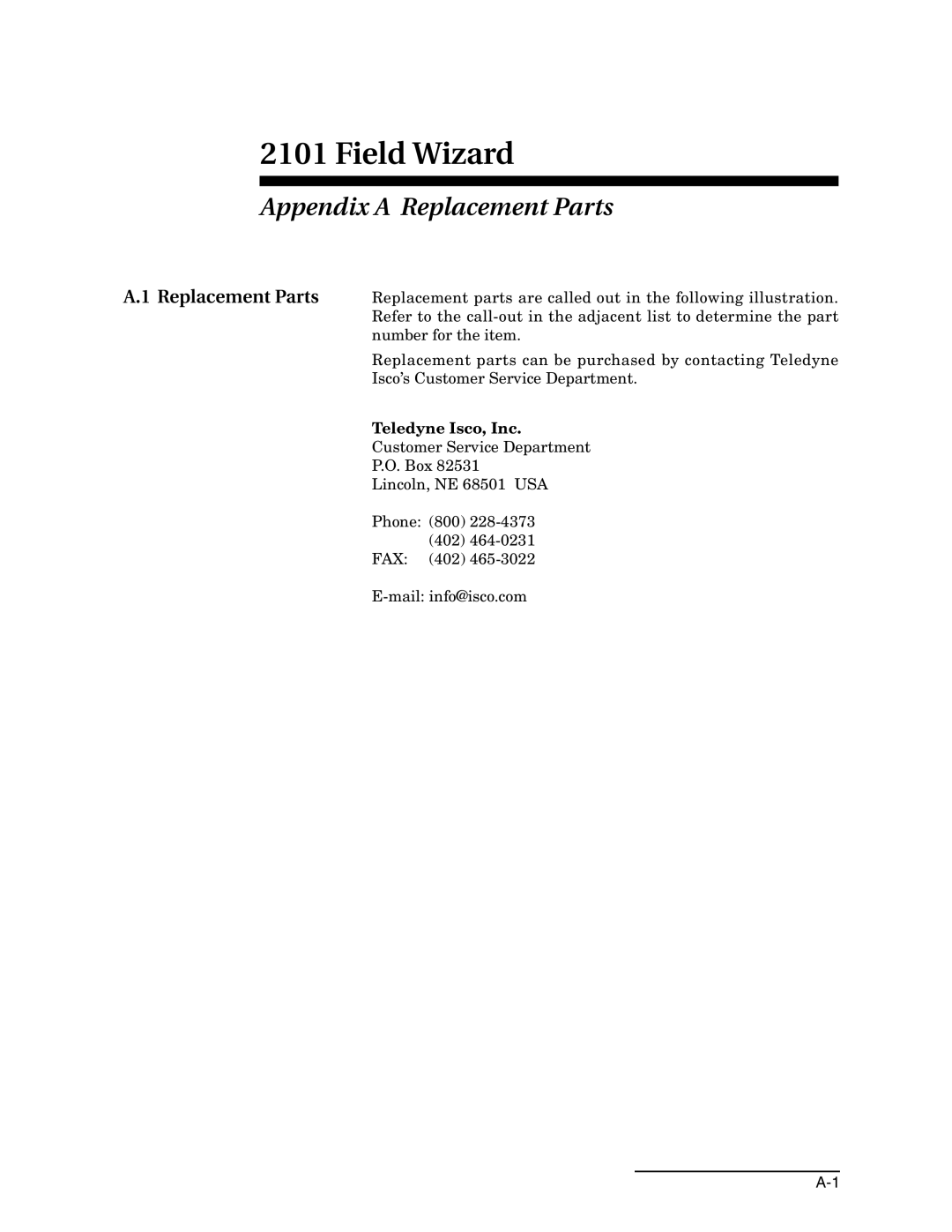 Teledyne 2101 installation and operation guide Appendix a Replacement Parts 