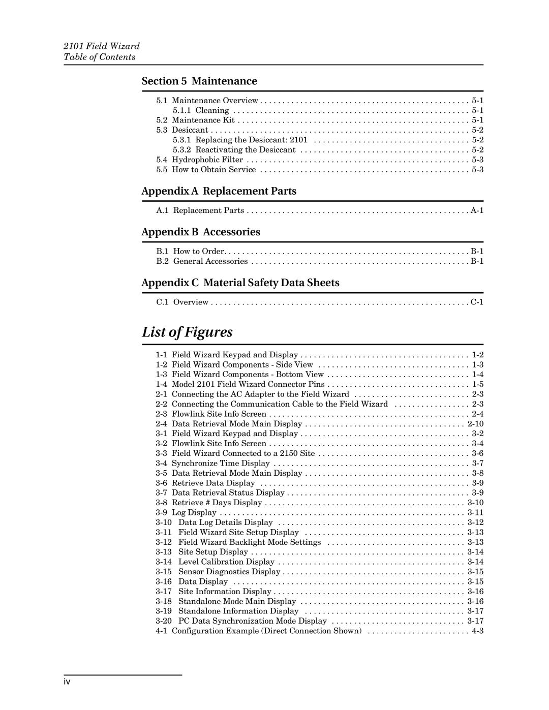 Teledyne 2101 List of Figures, Maintenance, Appendix a Replacement Parts, Appendix B Accessories 