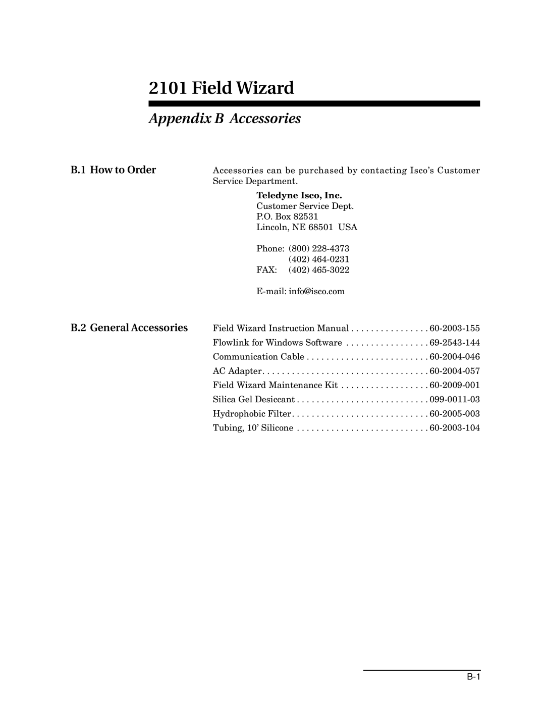 Teledyne 2101 installation and operation guide Appendix B Accessories, How to Order General Accessories 