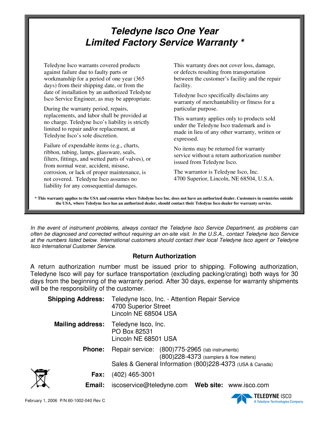 Teledyne 2101 installation and operation guide Teledyne Isco One Year Limited Factory Service Warranty 