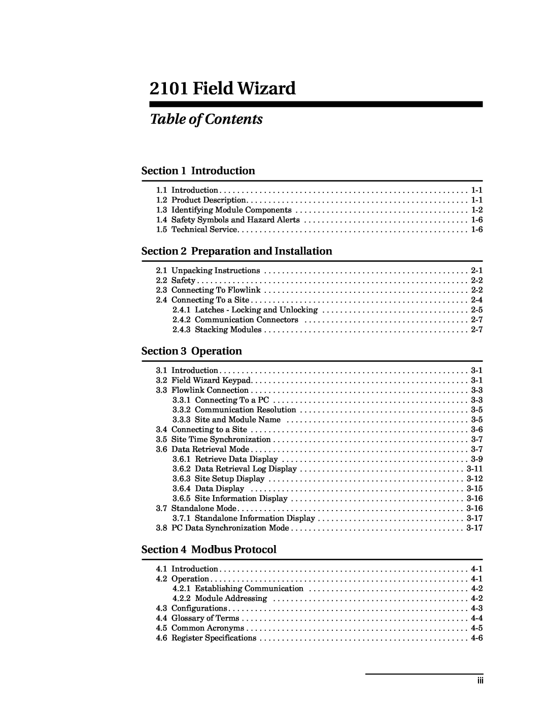 Teledyne 2101 Field Wizard, Table of Contents, Introduction, Preparation and Installation, Operation, Modbus Protocol 
