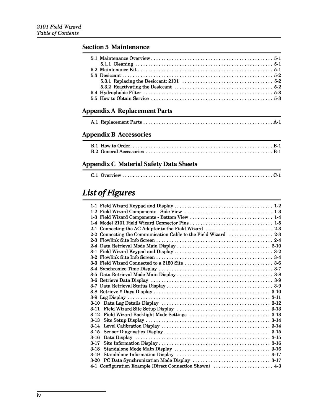 Teledyne 2101 List of Figures, Maintenance, Appendix A Replacement Parts, Appendix B Accessories 