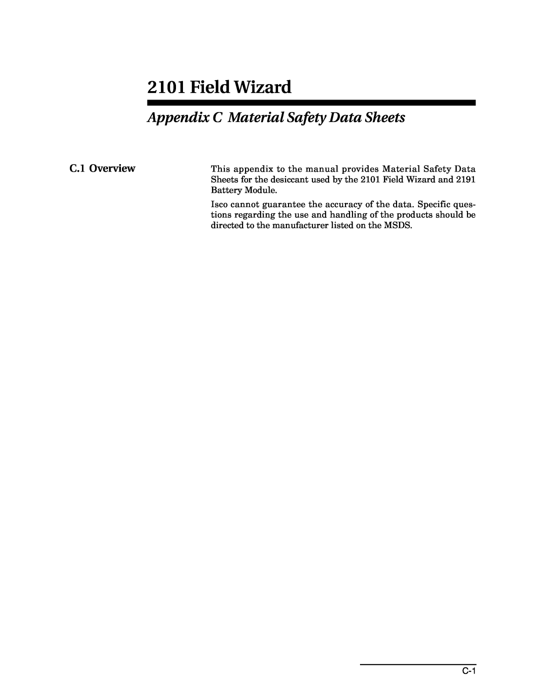 Teledyne 2101 installation and operation guide Appendix C Material Safety Data Sheets, C.1 Overview, Field Wizard 