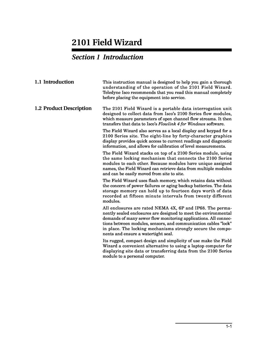Teledyne 2101 installation and operation guide Introduction 1.2 Product Description, Field Wizard 