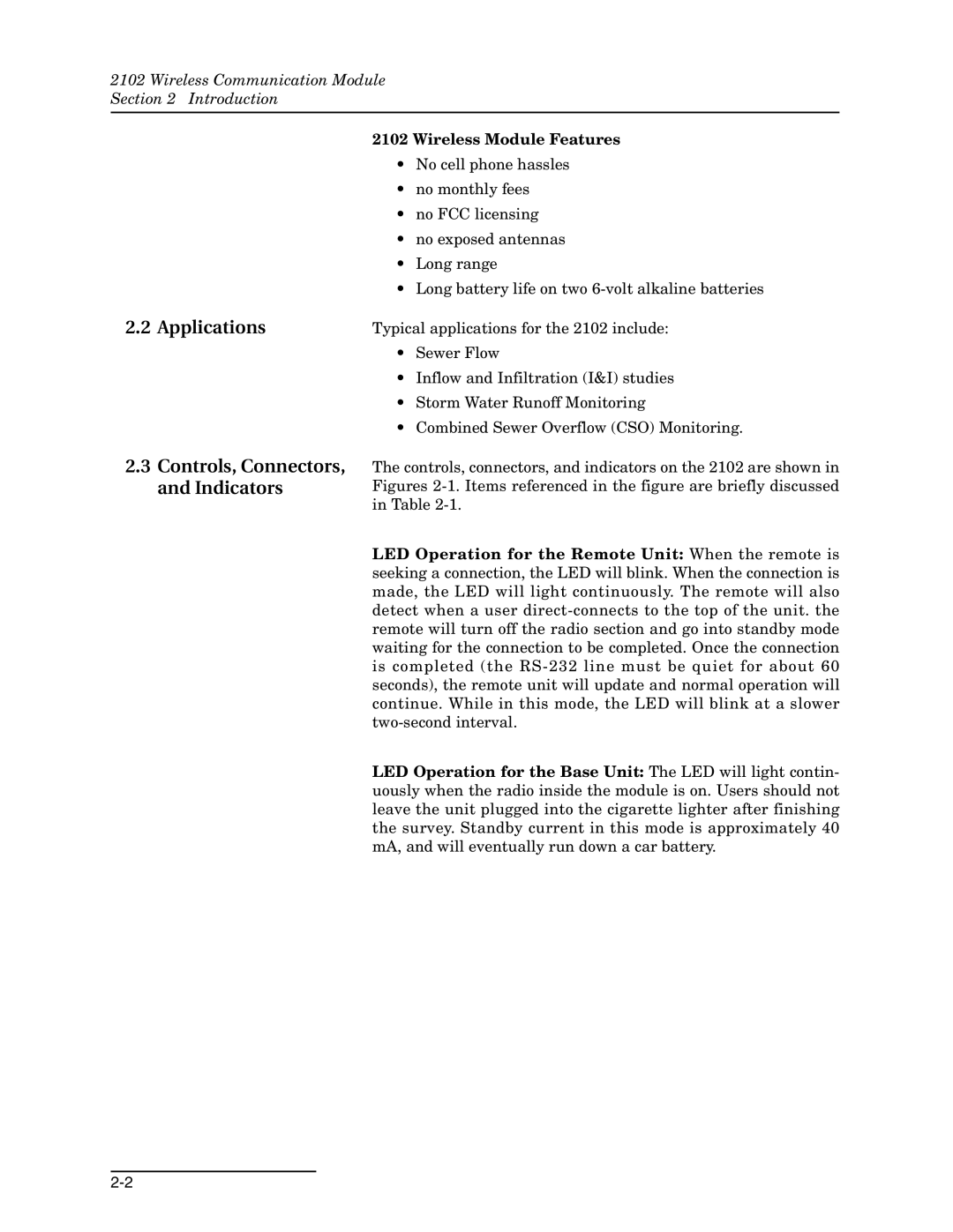 Teledyne 2102 installation and operation guide Applications Controls, Connectors, and Indicators, Wireless Module Features 