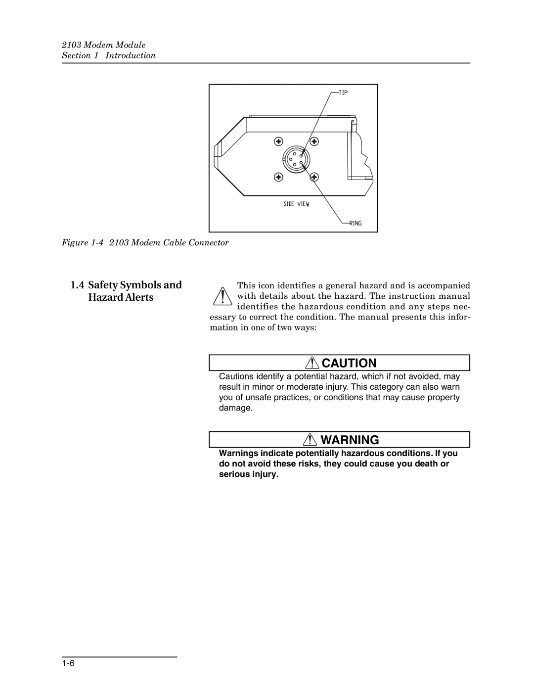 Teledyne 2103c installation and operation guide Safety Symbols and Hazard Alerts, Modem Cable Connector 