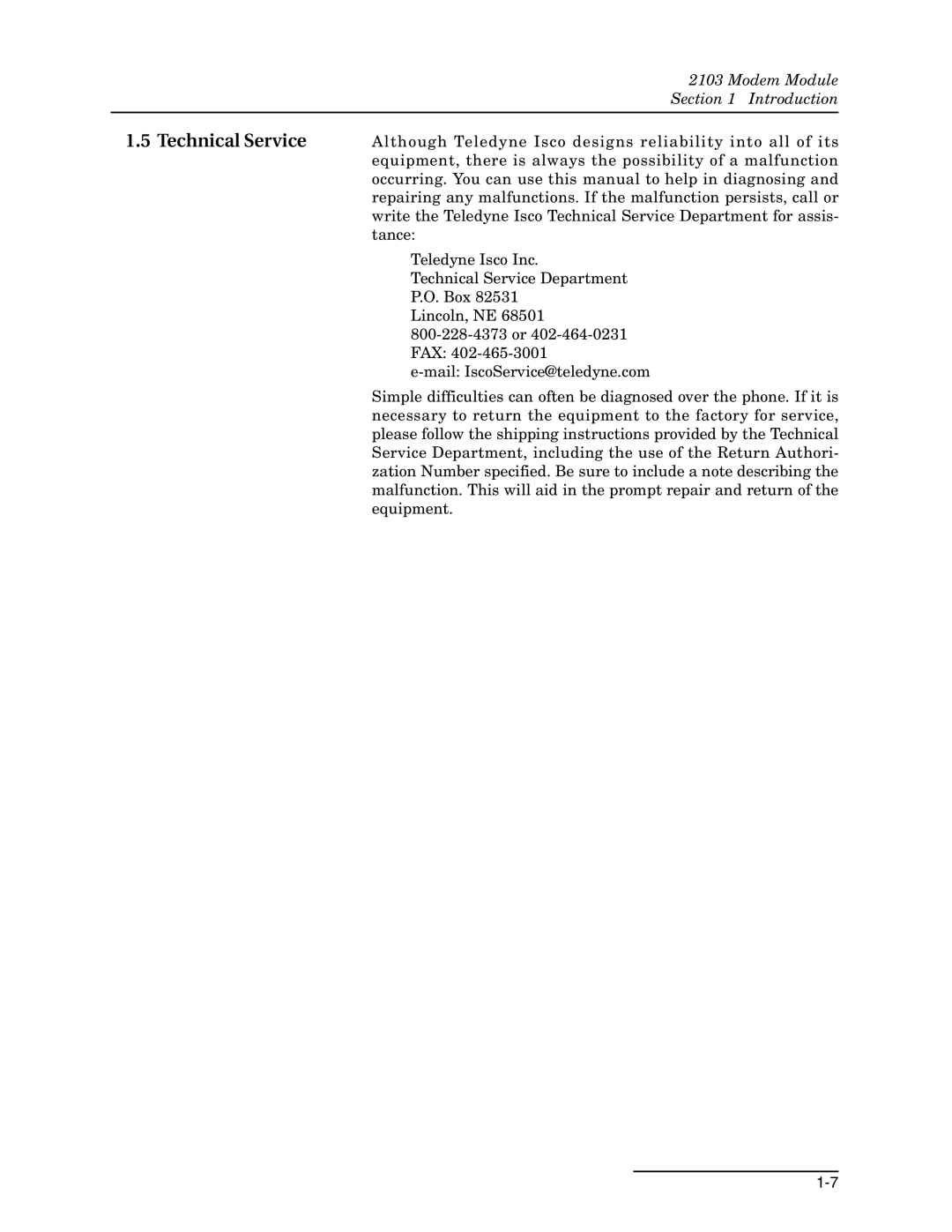 Teledyne 2103c installation and operation guide Technical Service 