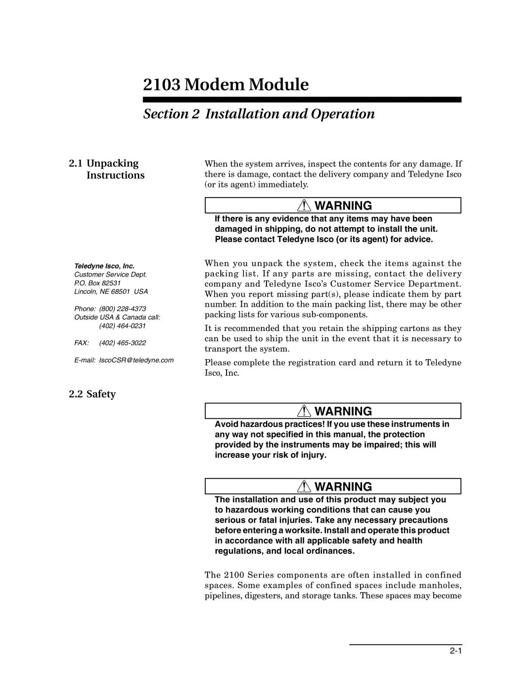 Teledyne 2103c installation and operation guide Installation and Operation, Unpacking Instructions, Safety 