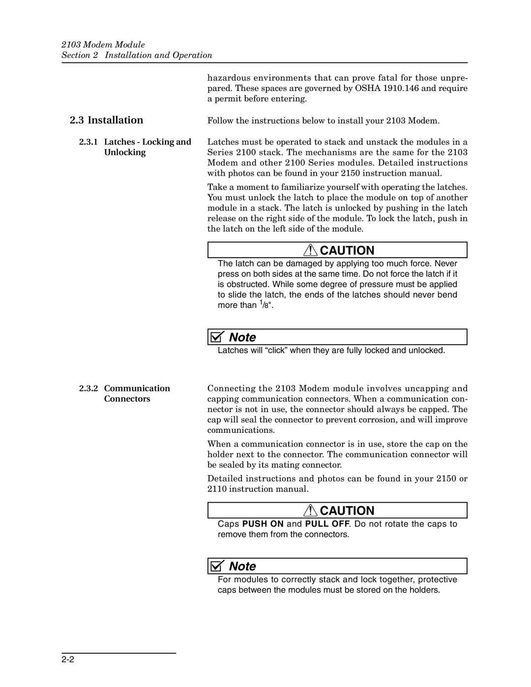 Teledyne 2103c installation and operation guide Modem Module Installation and Operation 