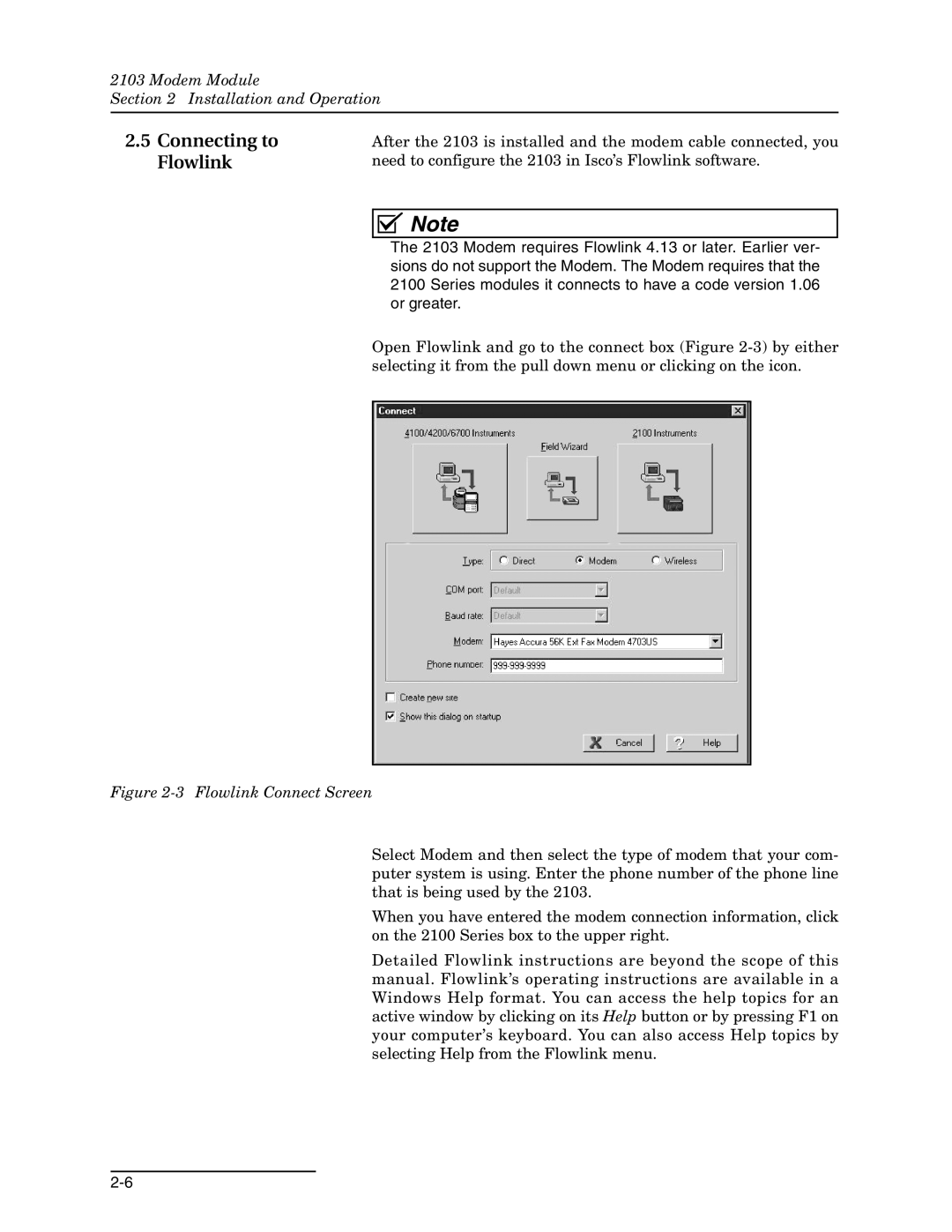 Teledyne 2103c installation and operation guide Connecting to Flowlink, Flowlink Connect Screen 