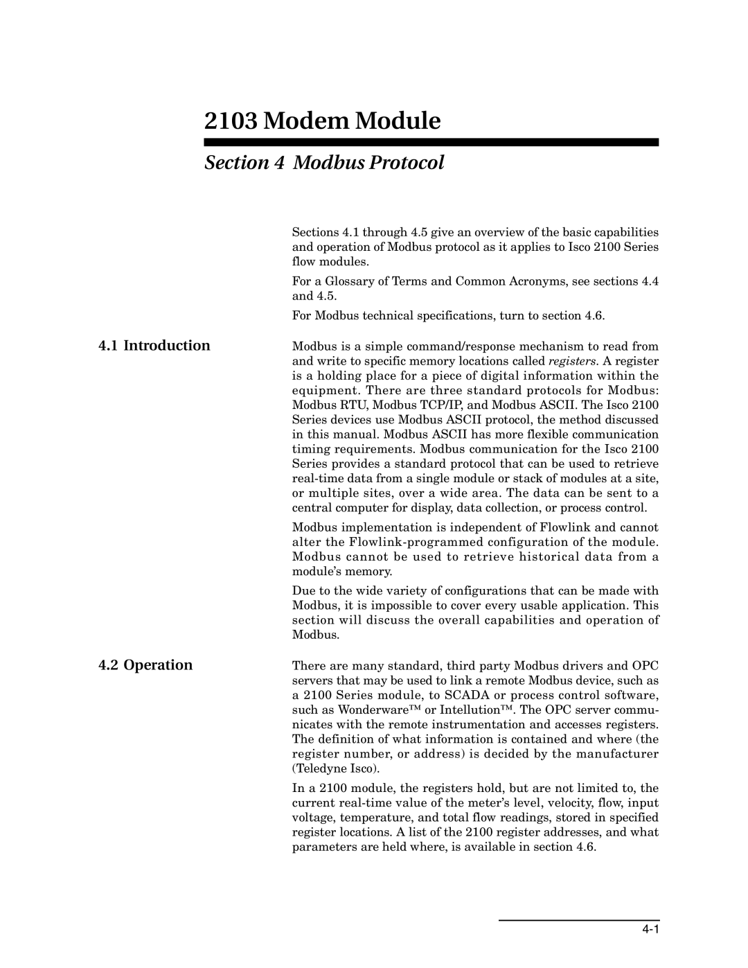 Teledyne 2103c installation and operation guide Modbus Protocol, Operation 