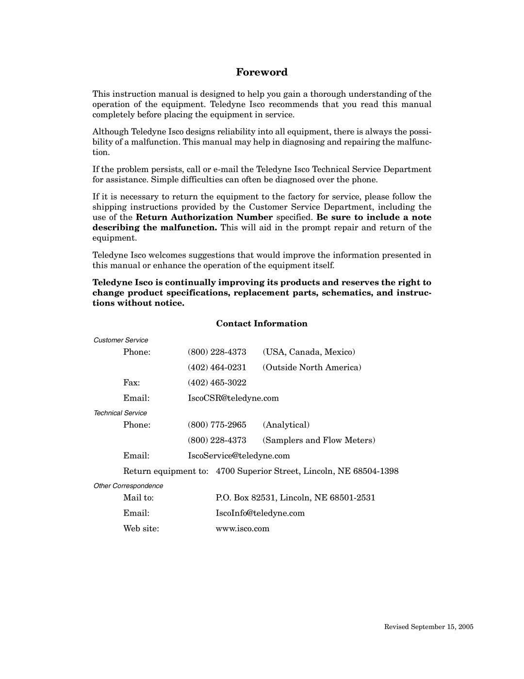 Teledyne 2103c installation and operation guide Foreword 