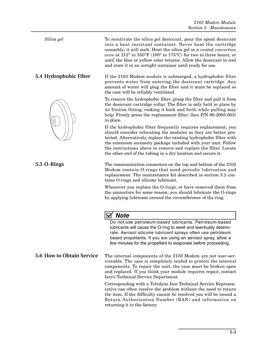 Teledyne 2103c installation and operation guide Hydrophobic Filter Rings 