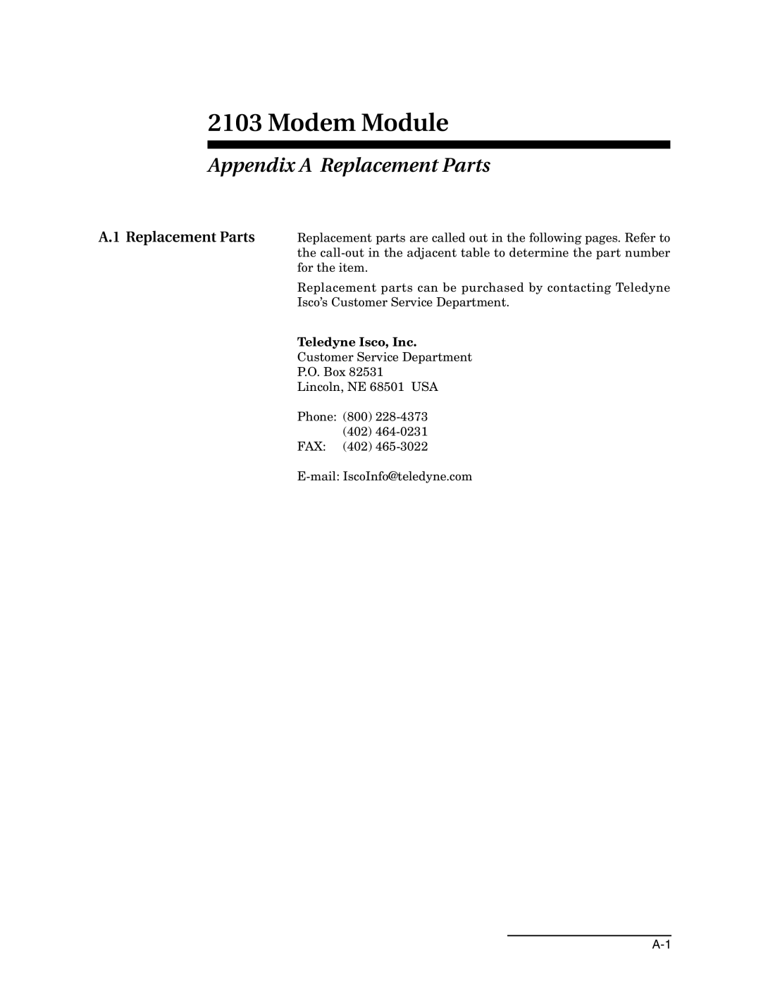 Teledyne 2103c installation and operation guide Appendix a Replacement Parts 