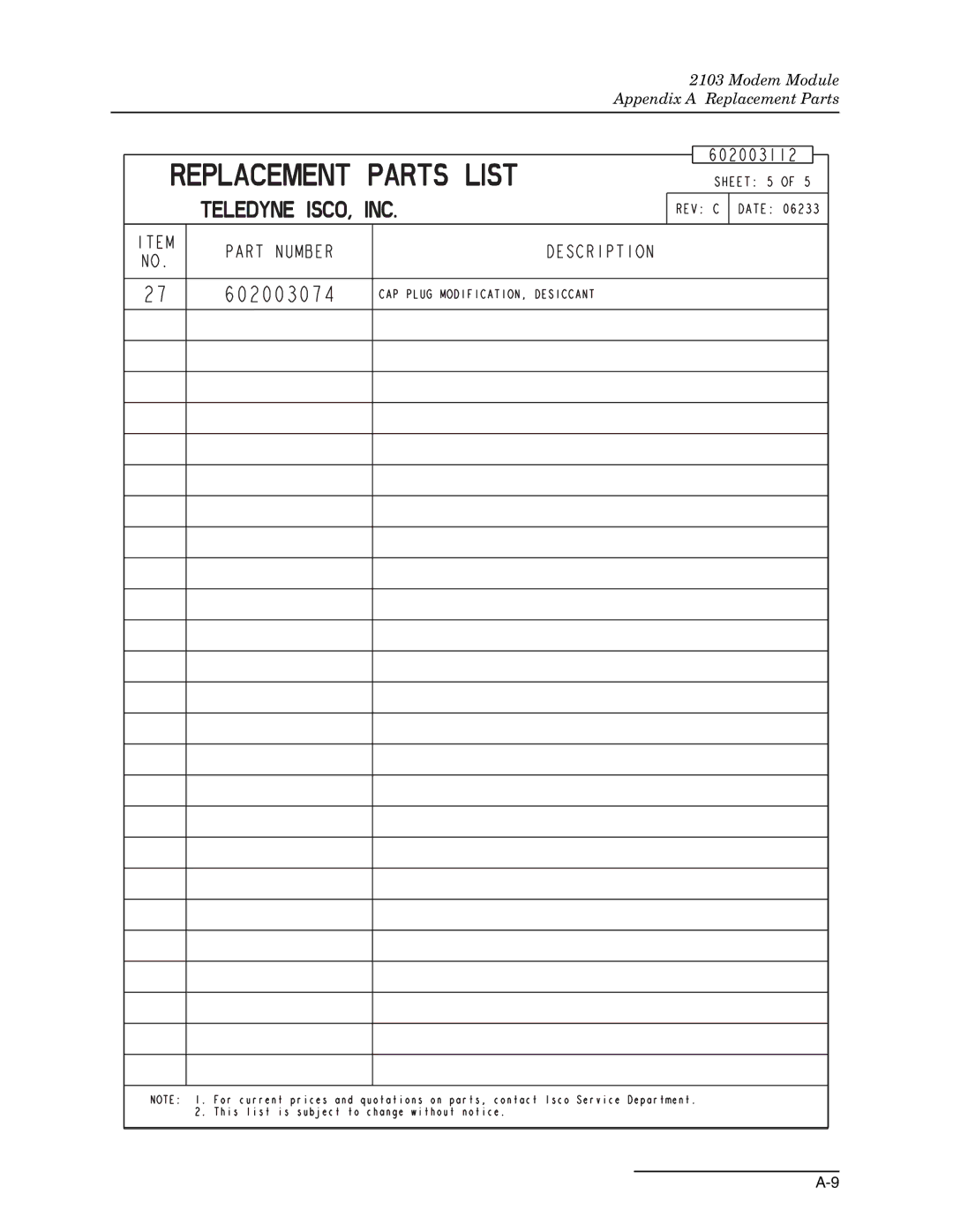 Teledyne 2103c installation and operation guide Modem Module Appendix a Replacement Parts 