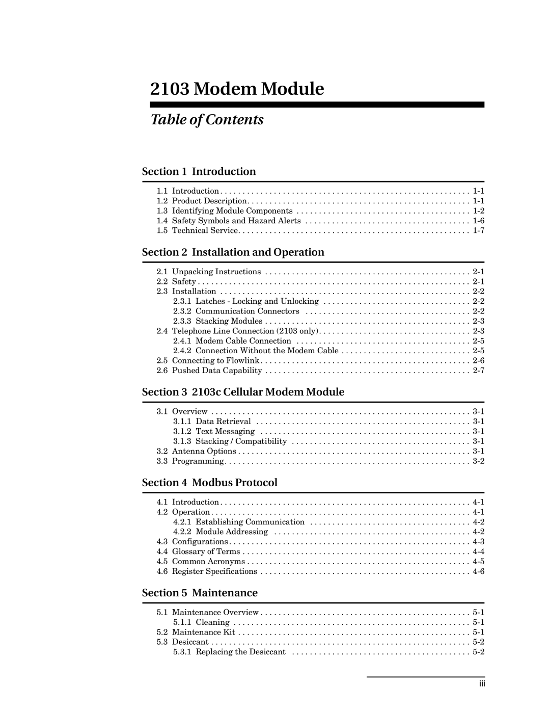 Teledyne 2103c installation and operation guide Modem Module, Table of Contents 