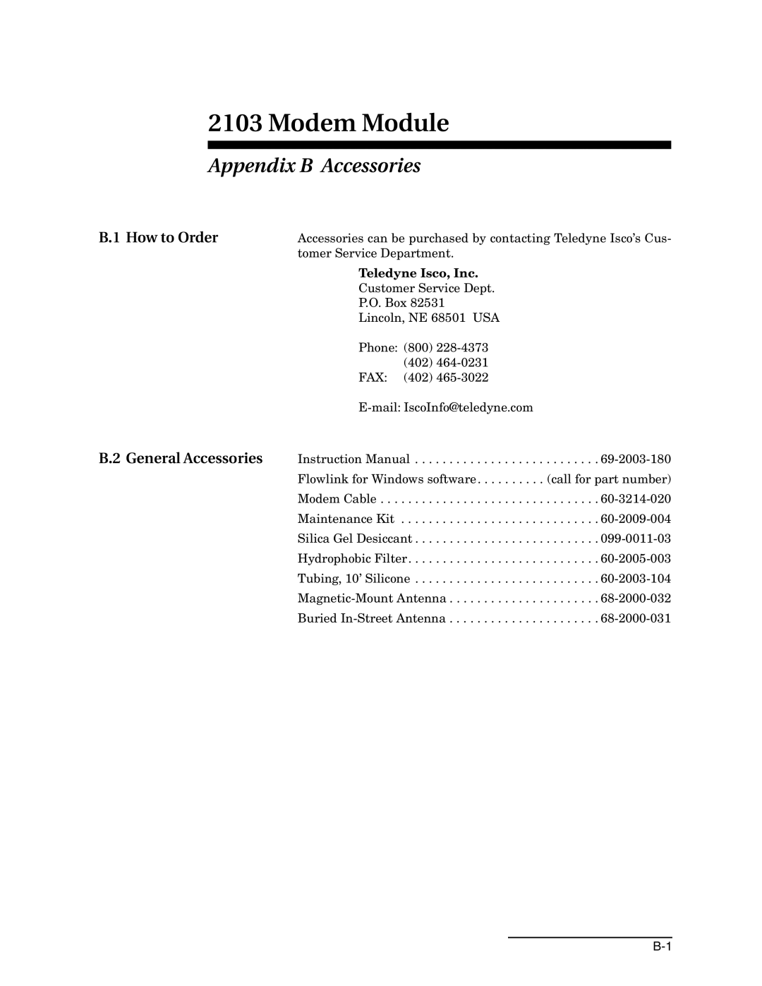 Teledyne 2103c installation and operation guide Appendix B Accessories, How to Order General Accessories 