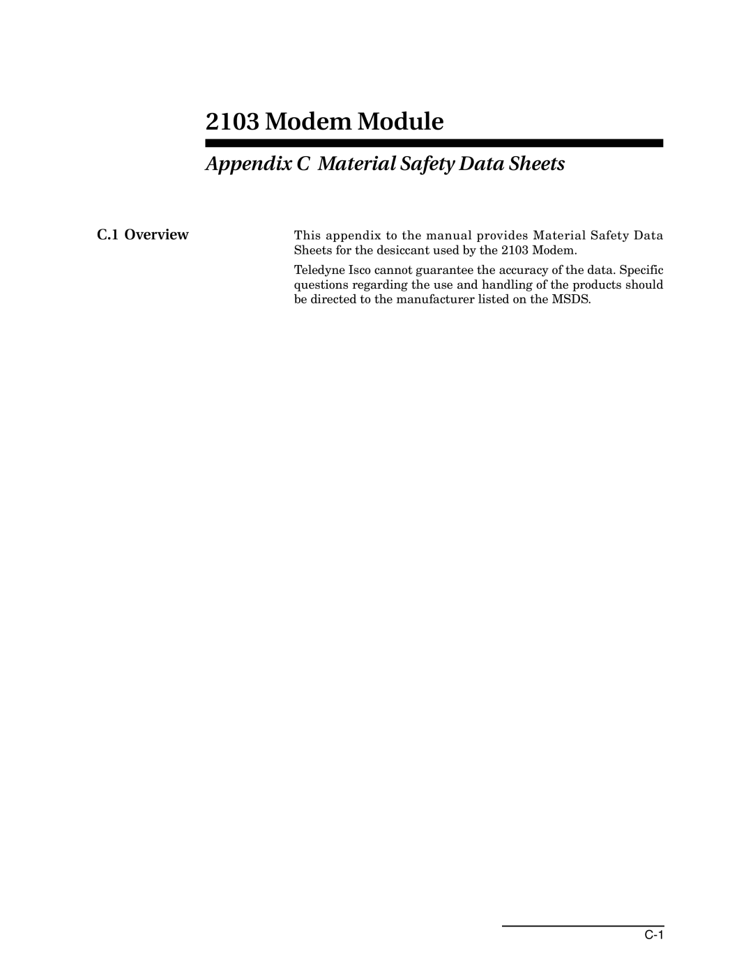 Teledyne 2103c installation and operation guide Appendix C Material Safety Data Sheets, Overview 