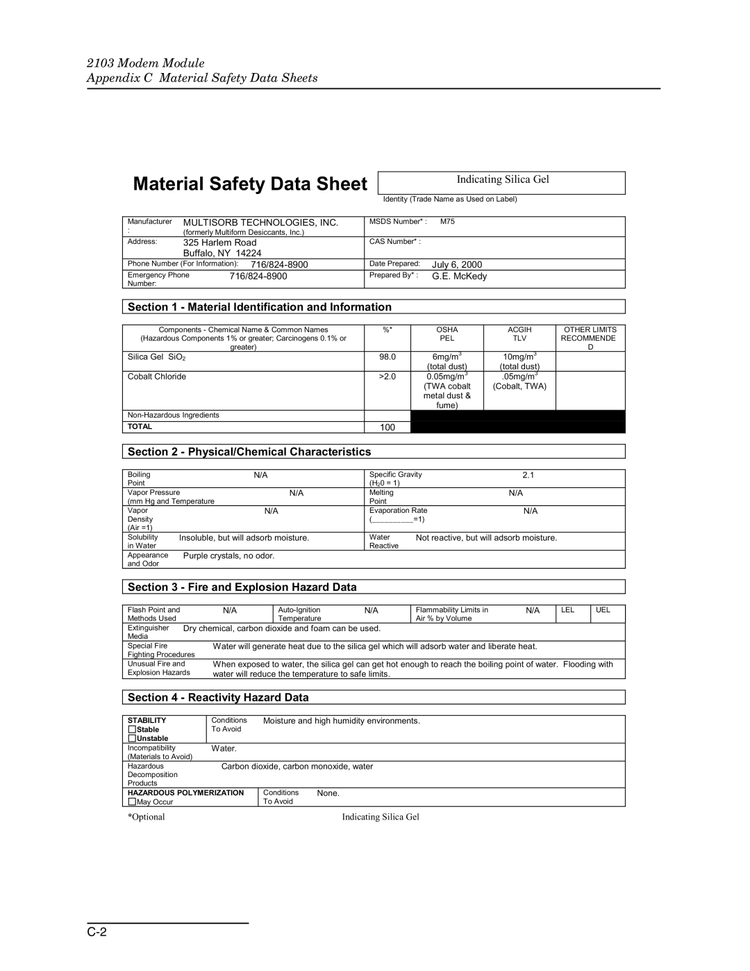 Teledyne 2103c installation and operation guide Material Safety Data Sheet 