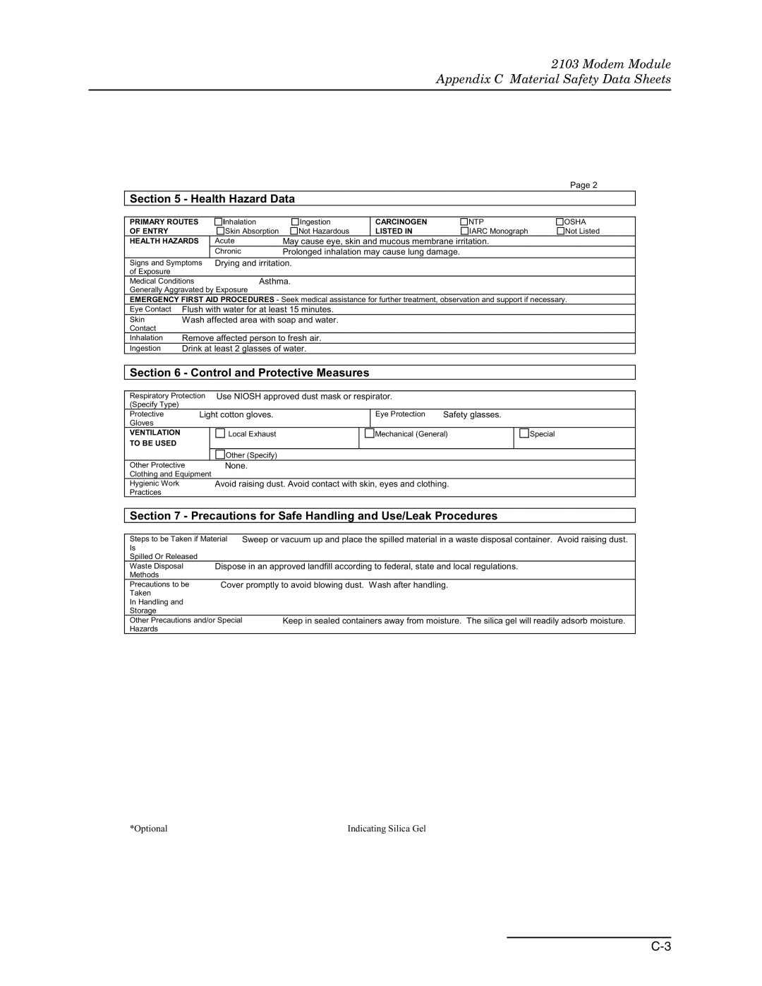 Teledyne 2103c installation and operation guide Health Hazard Data 