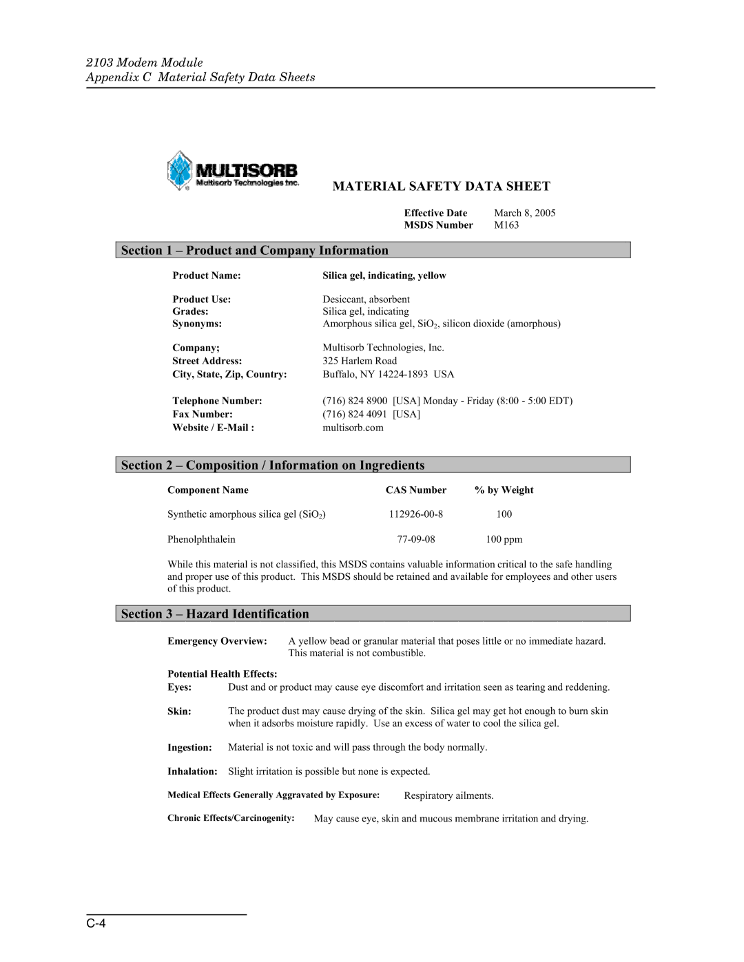 Teledyne 2103c installation and operation guide Material Safety Data Sheet 