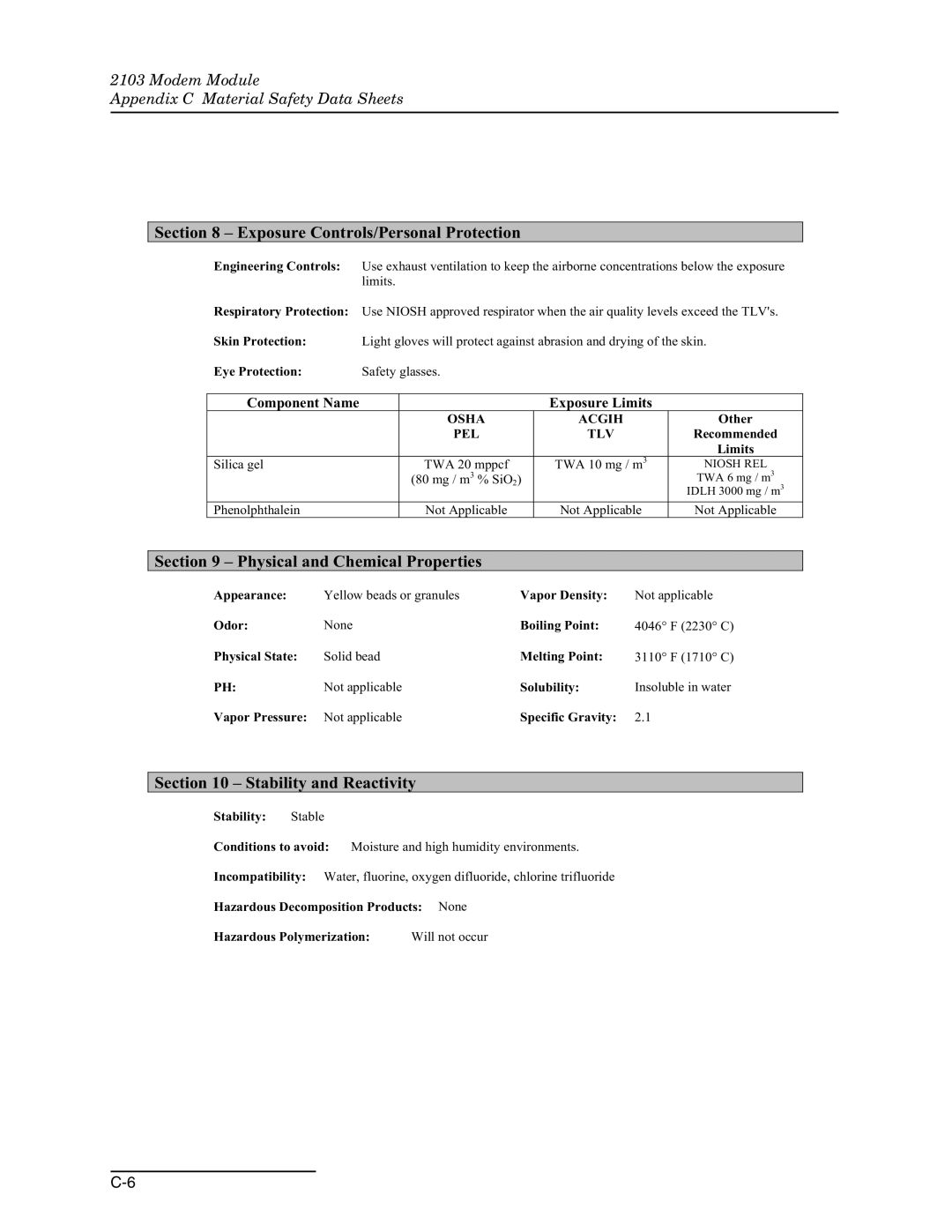 Teledyne 2103c installation and operation guide Exposure Controls/Personal Protection 