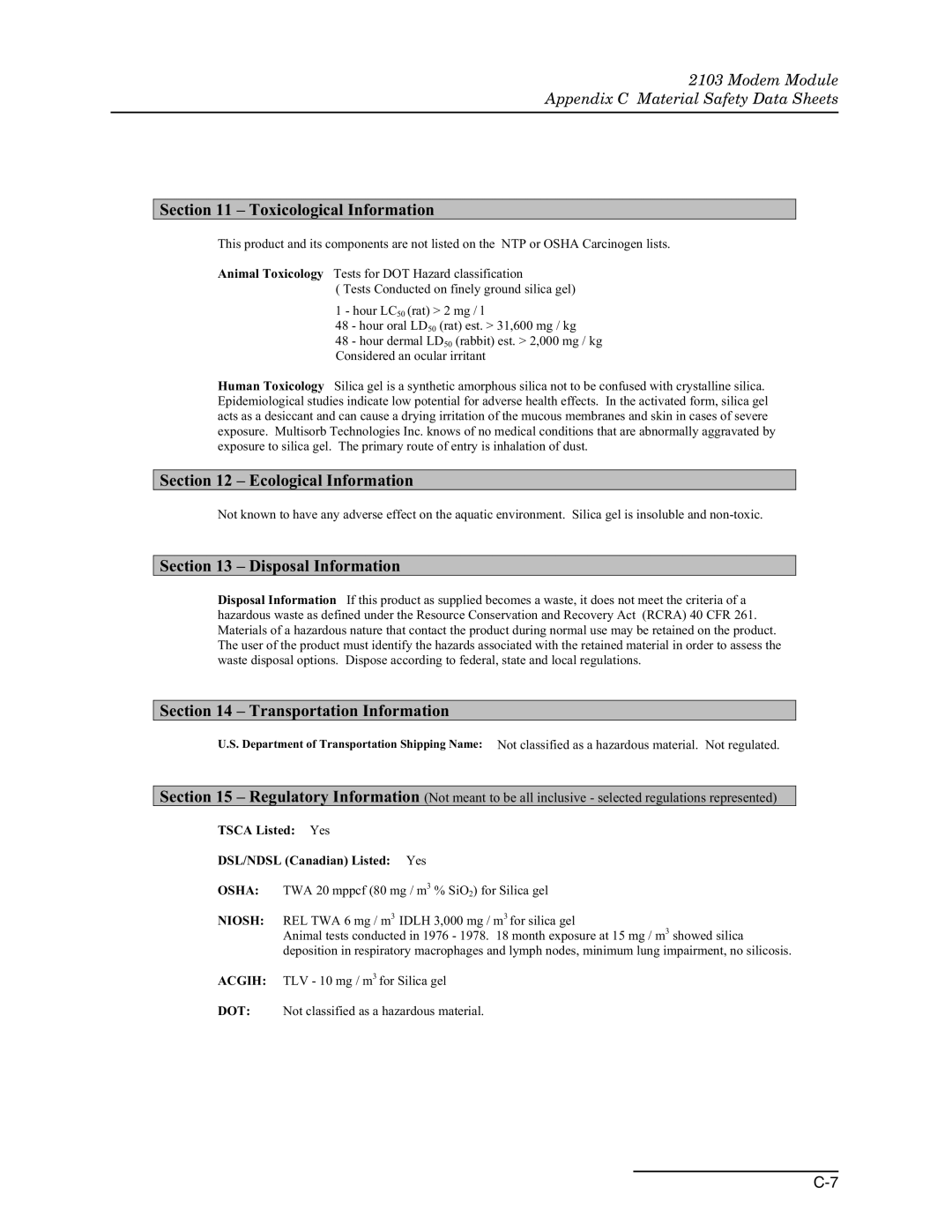 Teledyne 2103c installation and operation guide Toxicological Information 