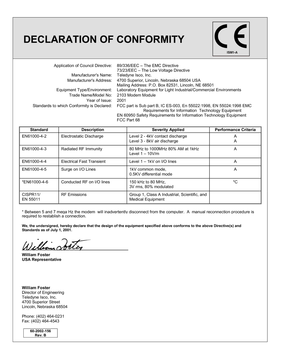 Teledyne 2103c installation and operation guide Declaration of Conformity 