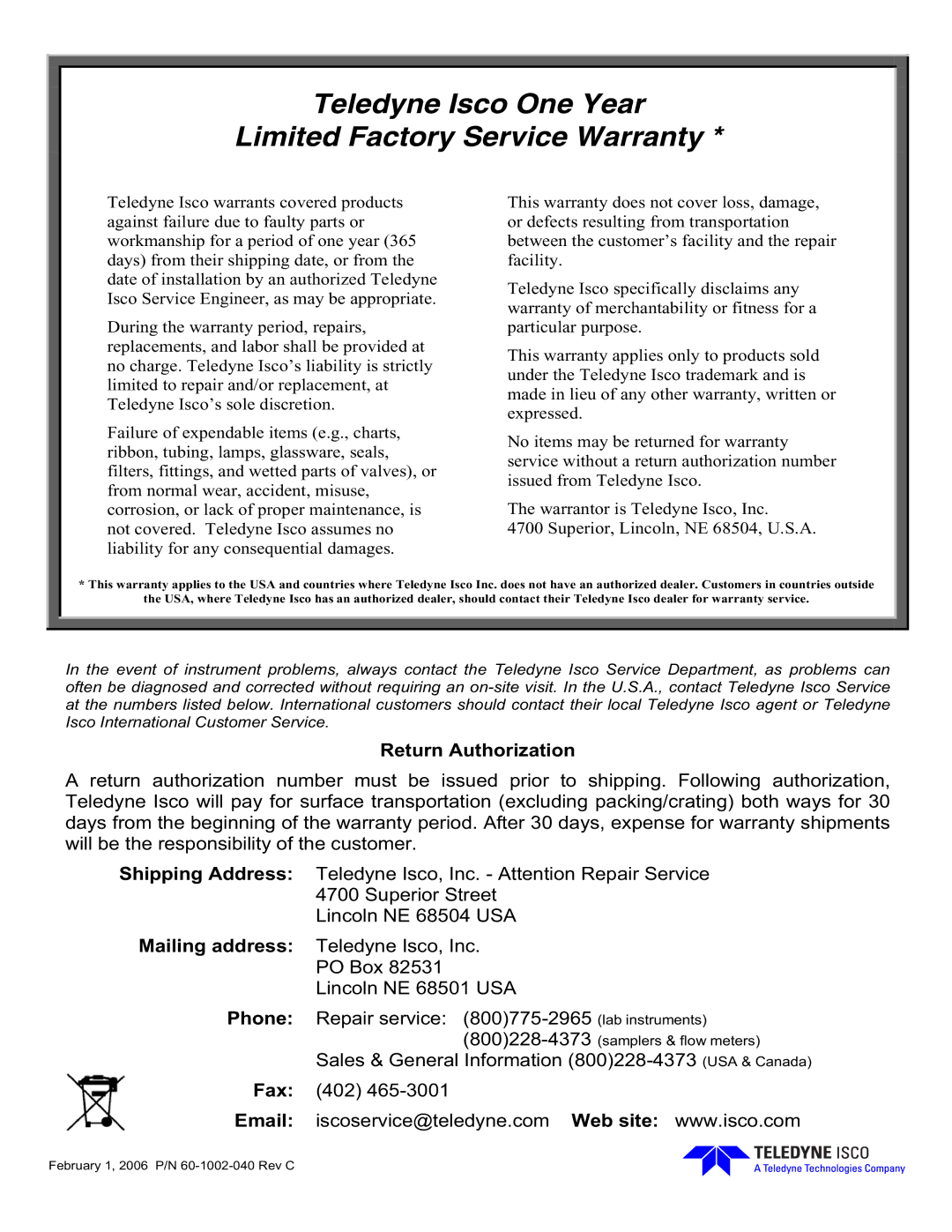 Teledyne 2103c installation and operation guide Teledyne Isco One Year Limited Factory Service Warranty 