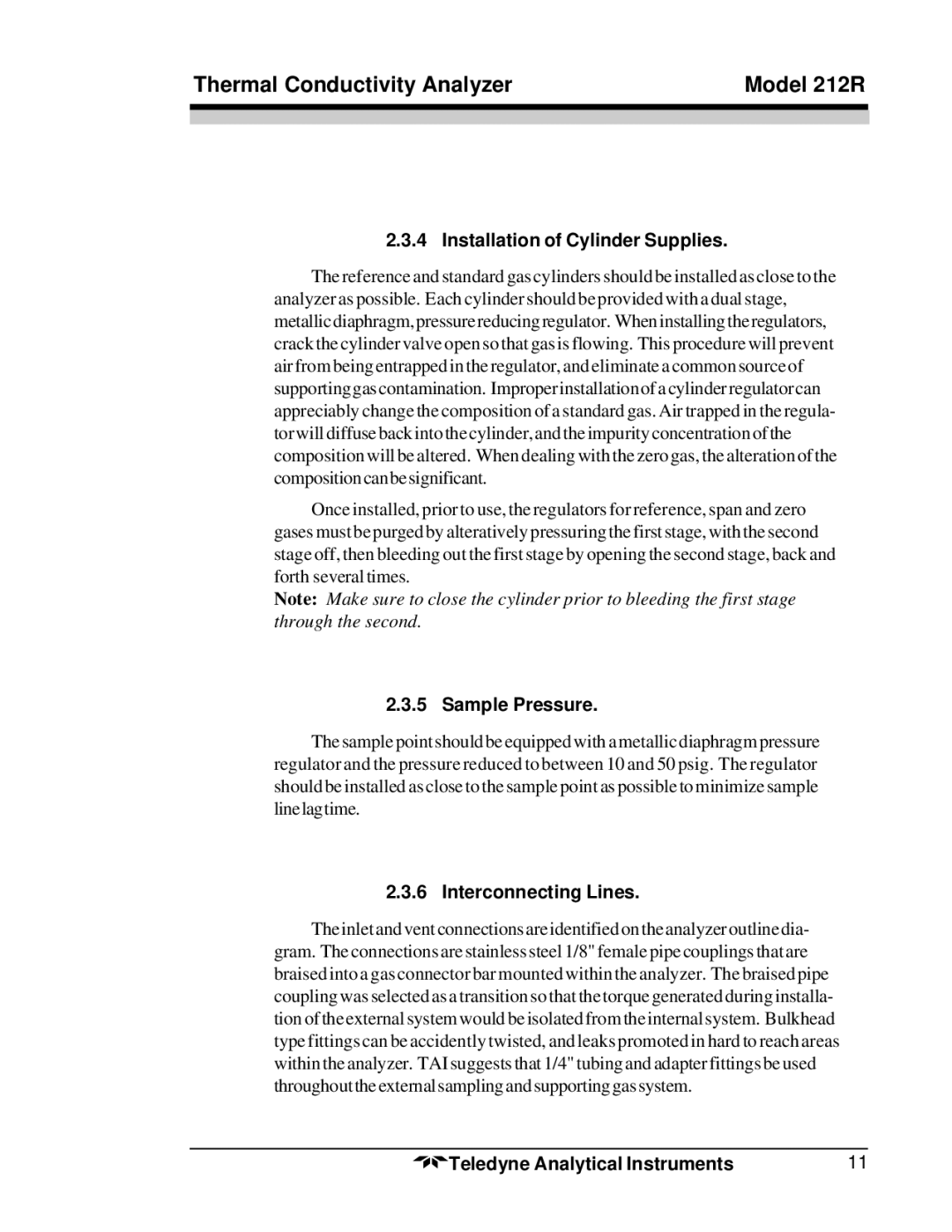 Teledyne 212R instruction manual Installation of Cylinder Supplies, Sample Pressure, Interconnecting Lines 