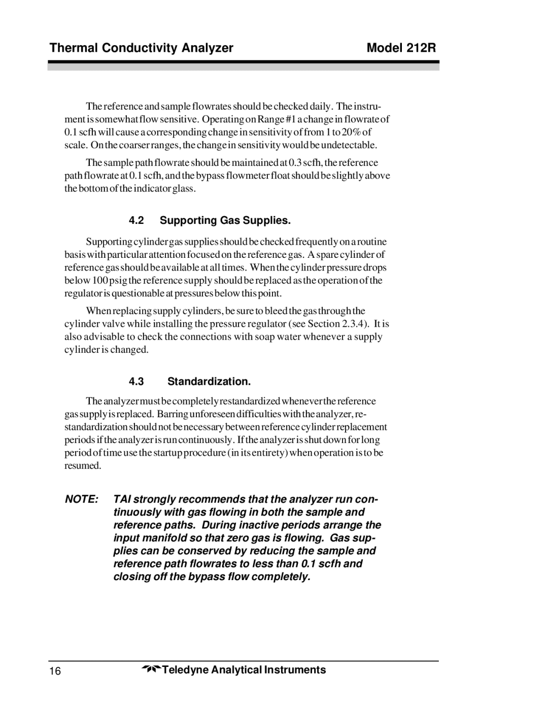 Teledyne 212R instruction manual Supporting Gas Supplies, Standardization 