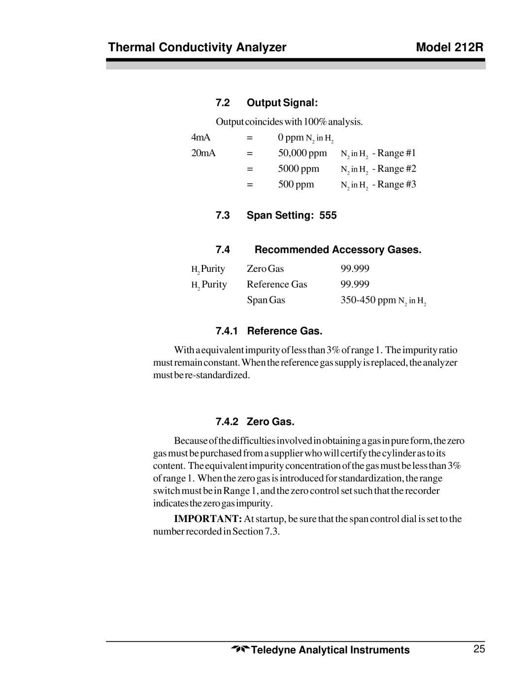 Teledyne 212R instruction manual Output Signal, Span Setting Recommended Accessory Gases 