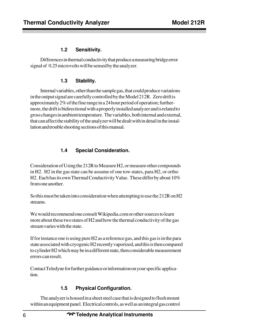 Teledyne 212R instruction manual Sensitivity, Stability, Special Consideration, Physical Configuration 