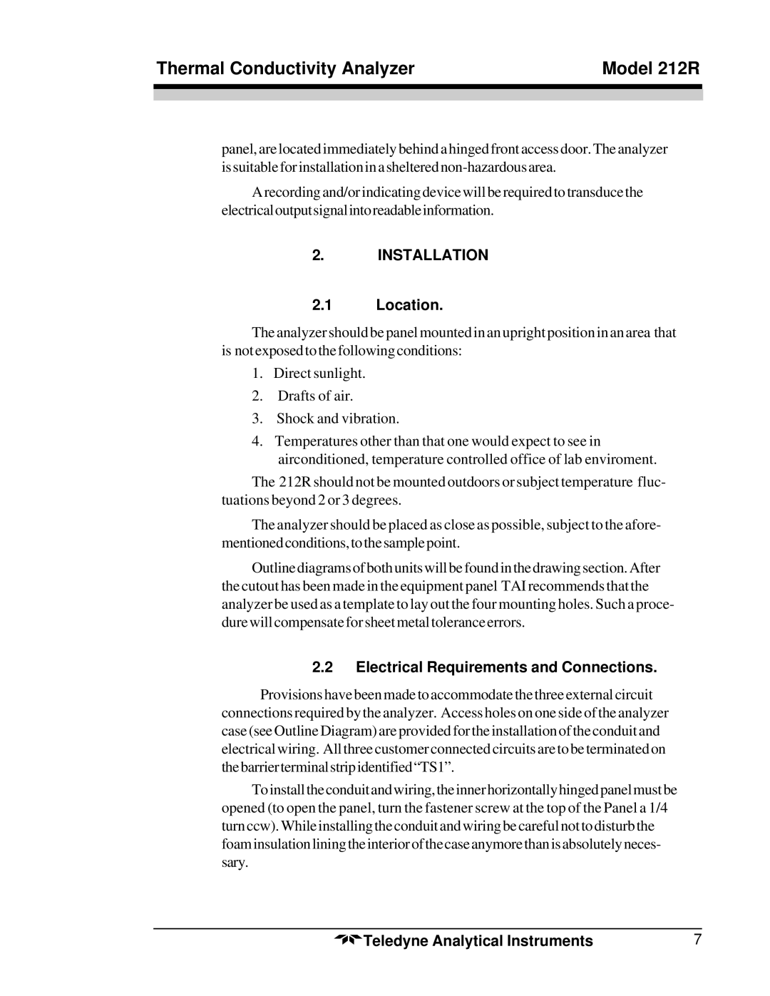 Teledyne 212R instruction manual Installation, Location, Electrical Requirements and Connections 