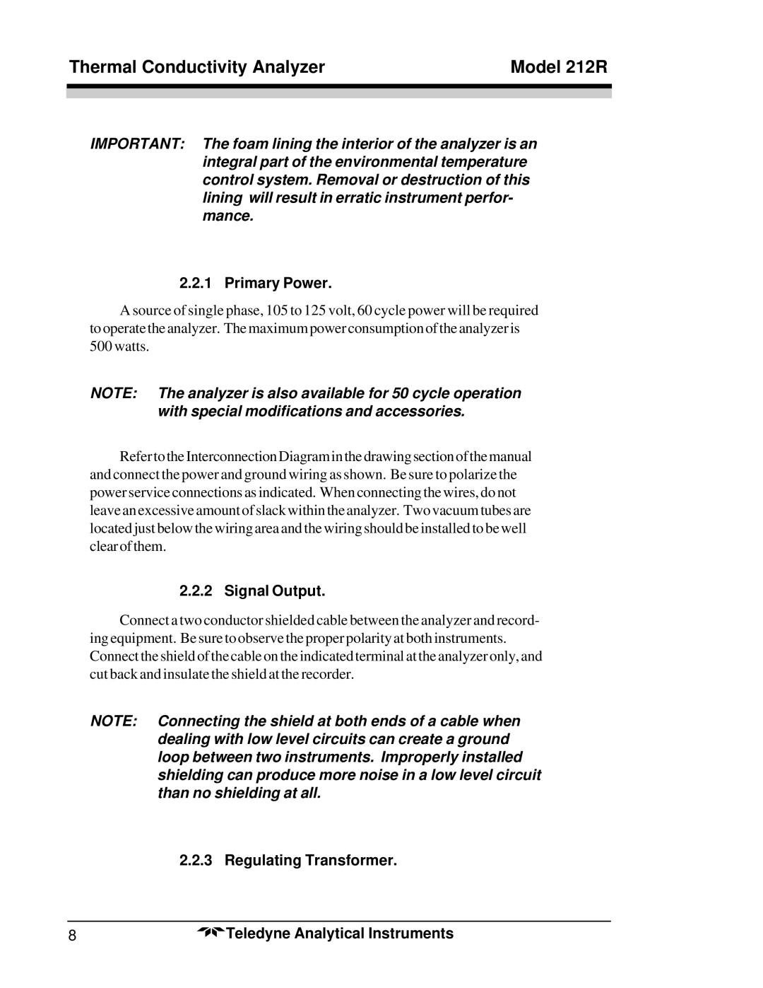 Teledyne 212R instruction manual Signal Output, Regulating Transformer Teledyne Analytical Instruments 