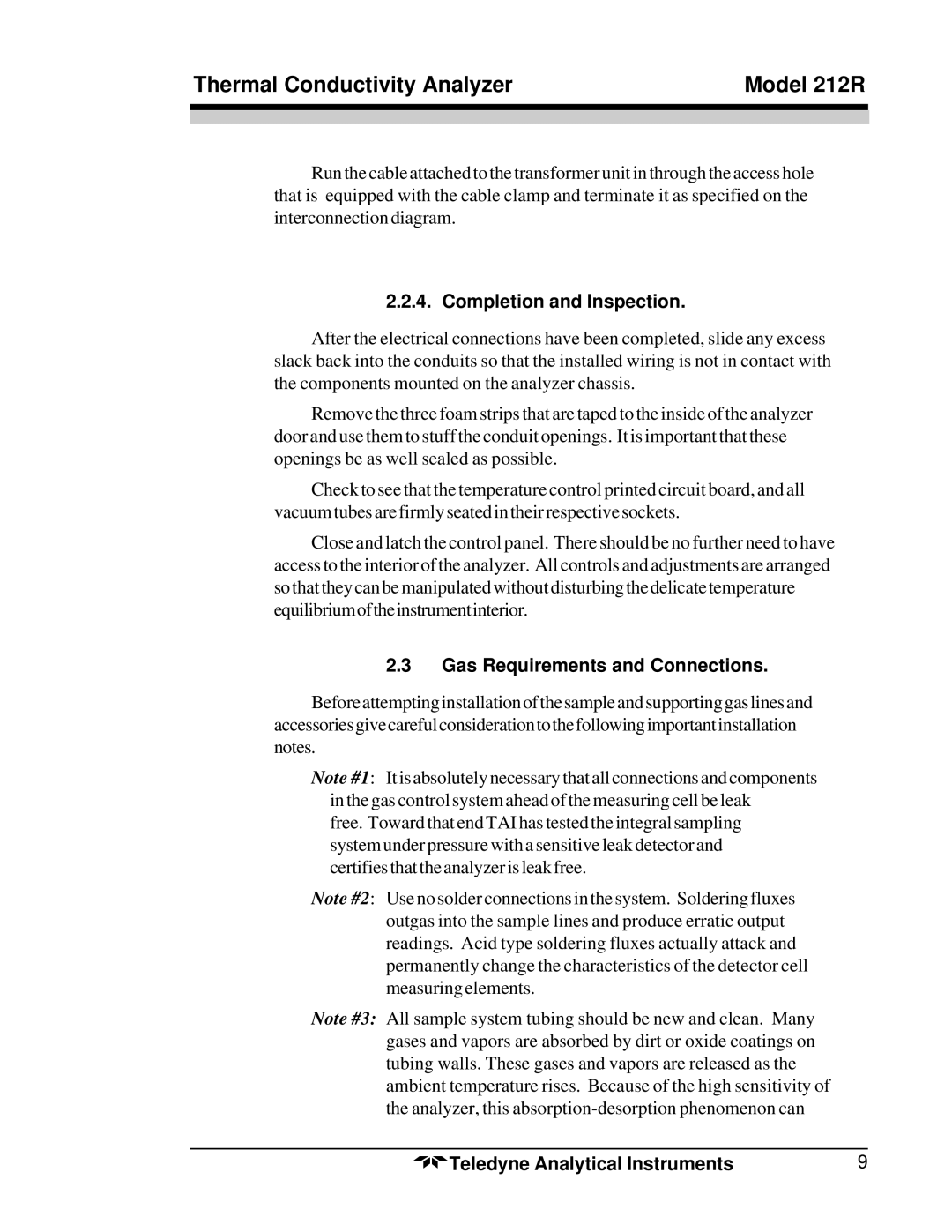 Teledyne 212R instruction manual Completion and Inspection, Gas Requirements and Connections 