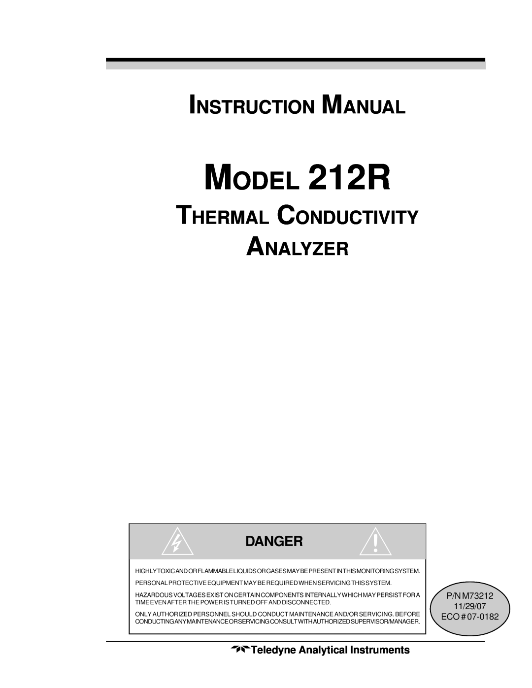 Teledyne instruction manual Thermal Conductivity Analyzer, Model 212R, Teledyne Analytical Instruments, MODEL 212R 