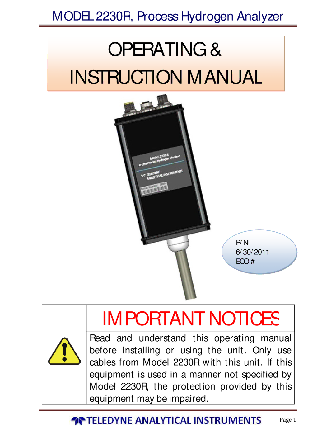 Teledyne 2230R instruction manual Important Notices, 30/2011 ECO # 