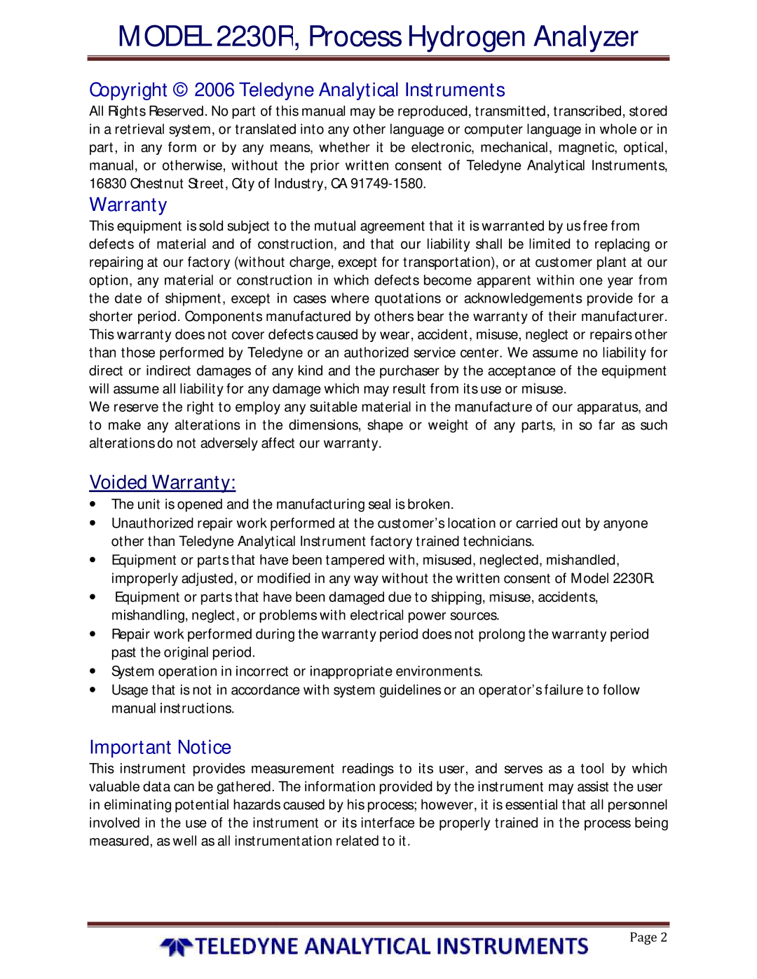 Teledyne 2230R instruction manual Copyright 2006 Teledyne Analytical Instruments 