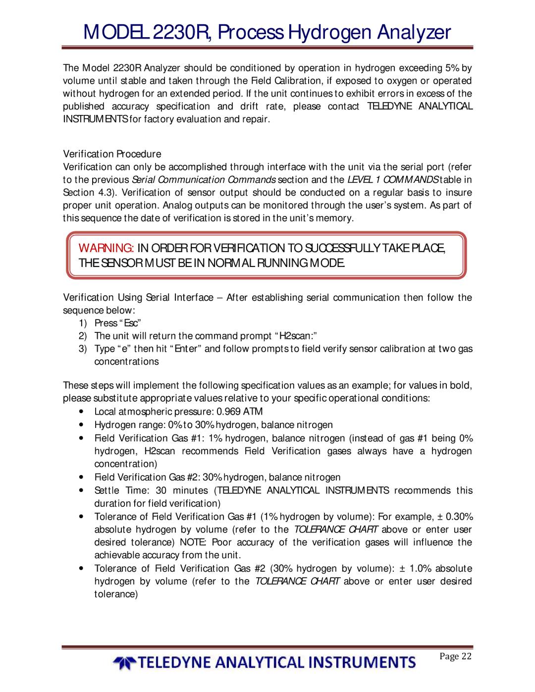 Teledyne 2230R instruction manual Verification Procedure 